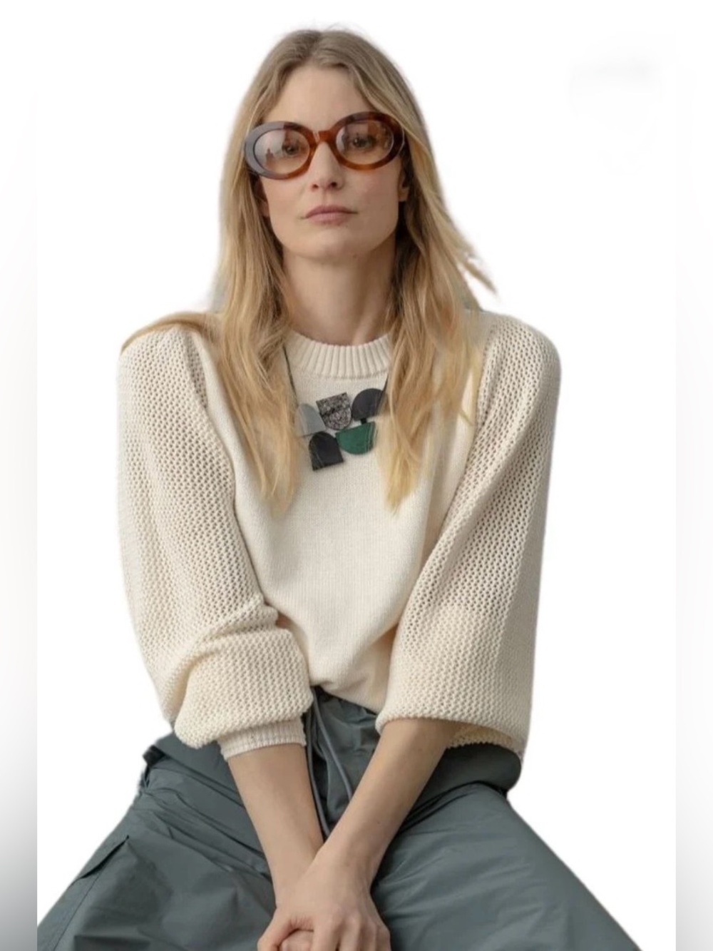 Lillia P. Pointelle Sleeve Crewneck Sweater in Cream size M